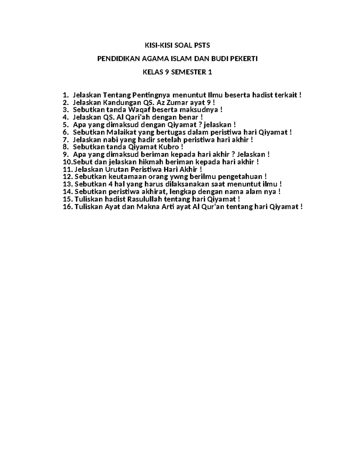 KISI-KISI SOAL PTS PENDIDIKAN AGAMA ISLAM KELAS 9 SEMESTER 1 - Studocu