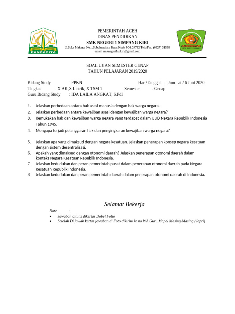 Soal PPKN Kelas 10 Semester Genap PDF Soal PPKN Kelas 10 Semester Genap PDF