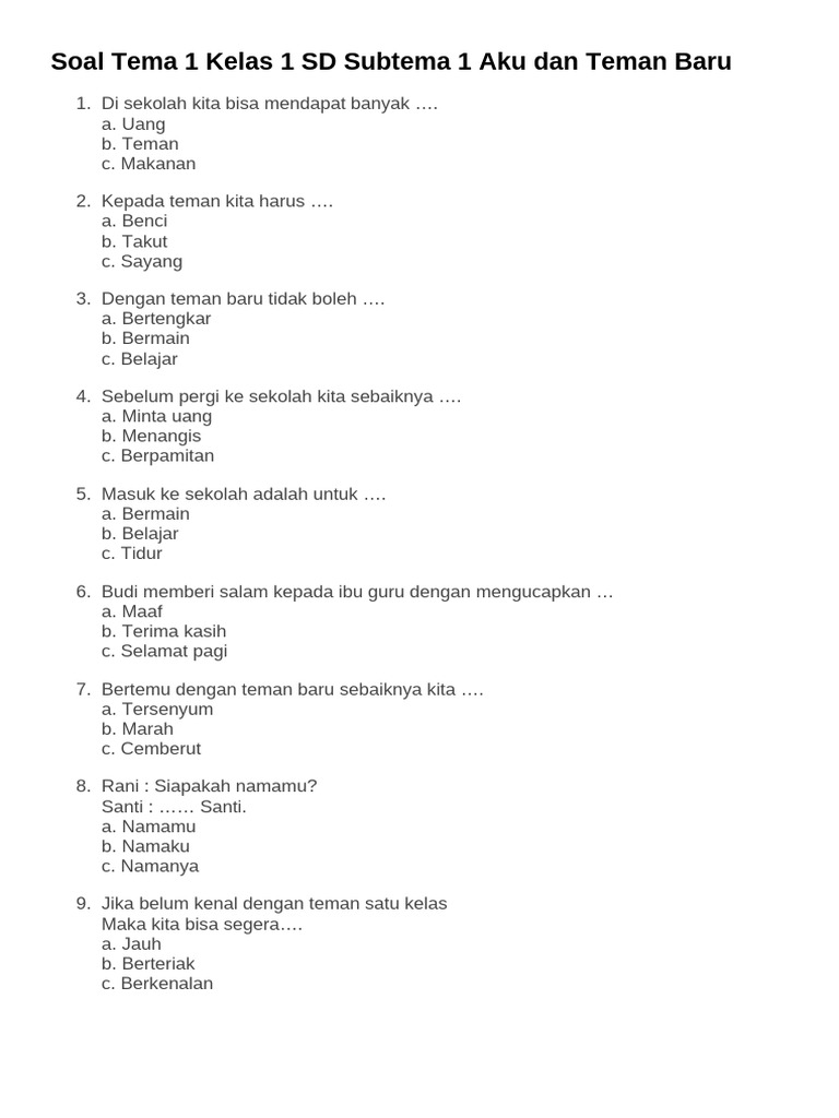 Soal Tema Kelas 1 SD Aku dan Teman PDF