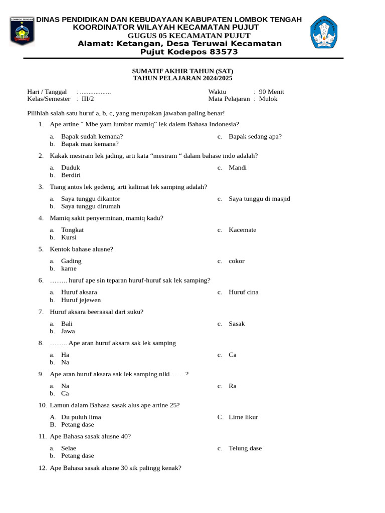 Soal Mulok Kelas 3 Sem 2 PDF Soal Mulok Kelas 3 Sem 2 PDF