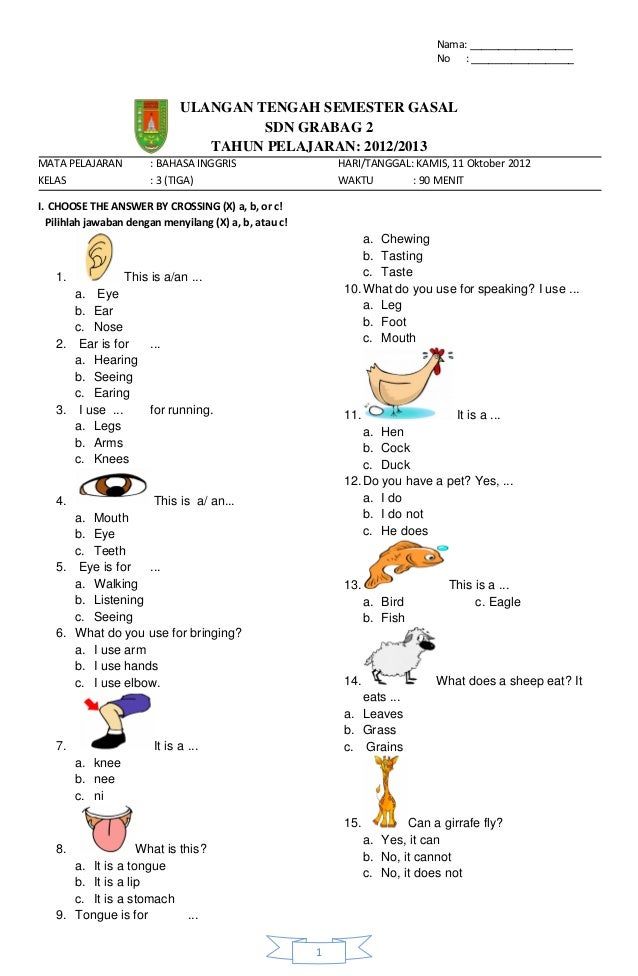 bahasa inggris kelas 1 sd latihan soal