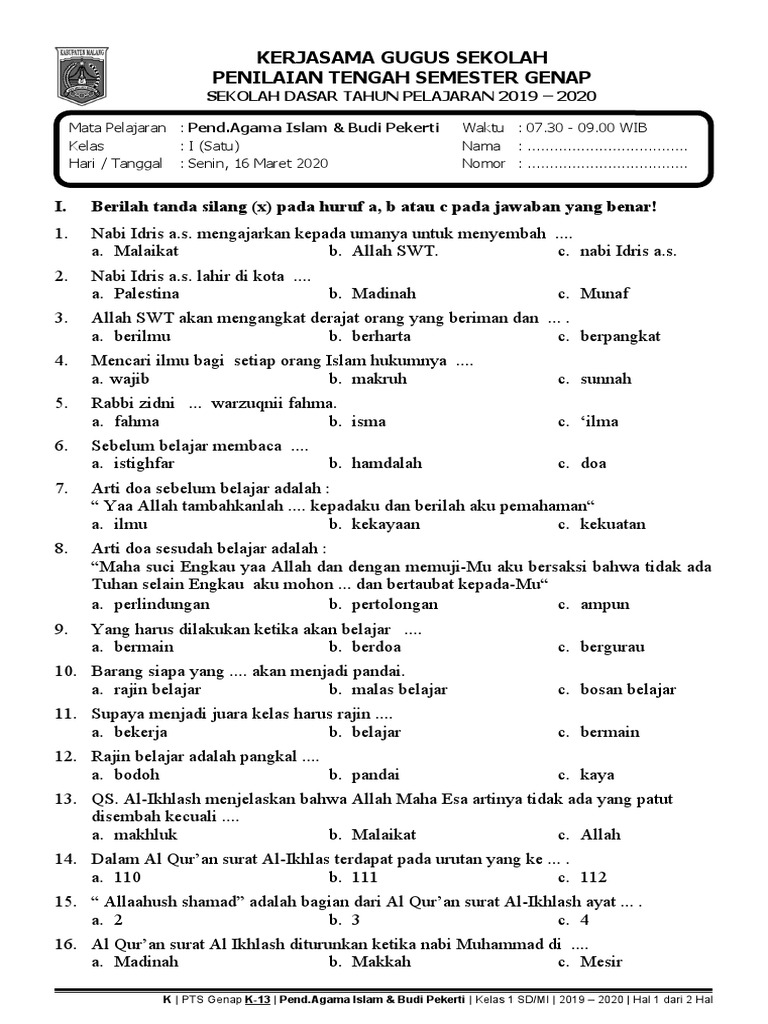 bank soal agama islam sd kelas 1