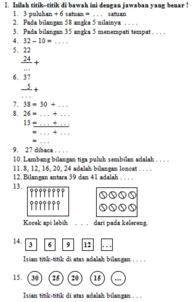 contoh soal matematika kelas 1 sd semester 2