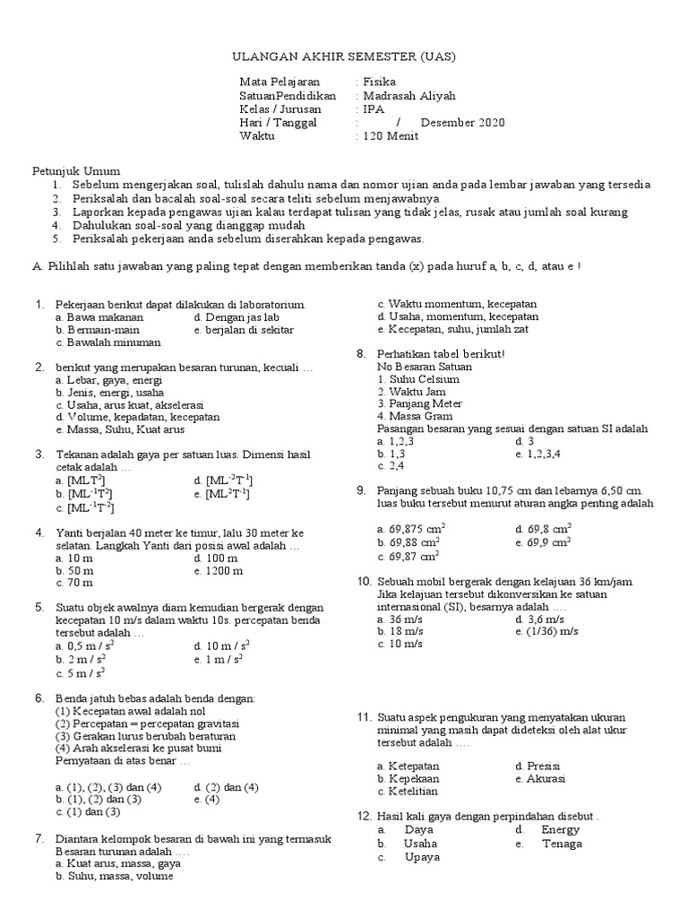 Soal UAS Fisika Kelas 10 Semester 1 PDF Soal UAS Fisika Kelas 10 Semester 1 PDF