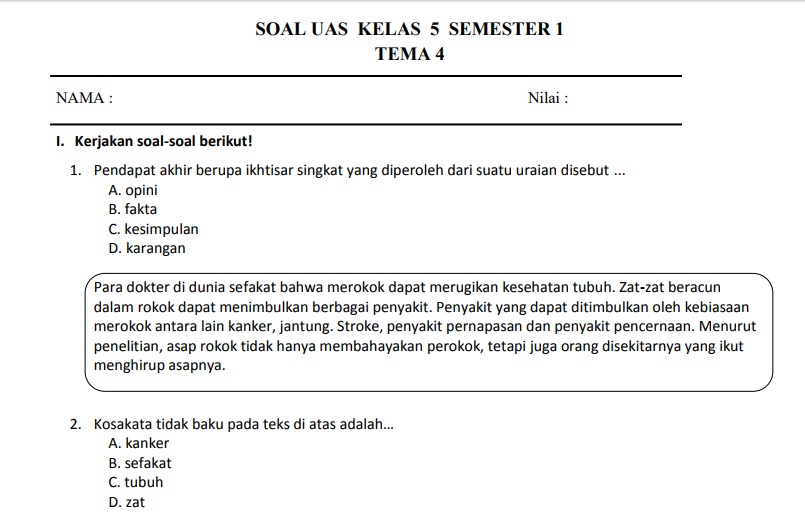 7 Contoh Soal UAS SD Kelas 5 Semester 1 Kurikulum 2013 yang Wajib Dikuasai Sebelum Ujian