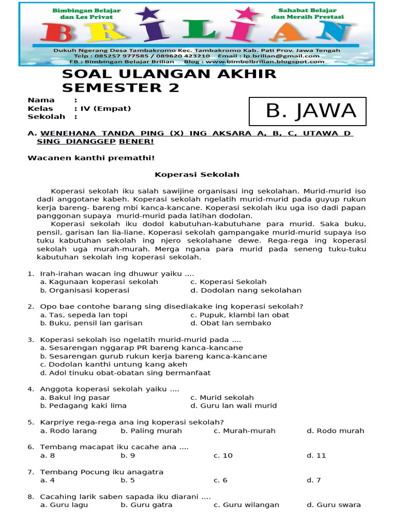 7 Rahasia Contoh Soal UAS Bahasa Jawa Kelas 4 Semester 2 Terbaru Wajib Tahu Sebelum Ujian!