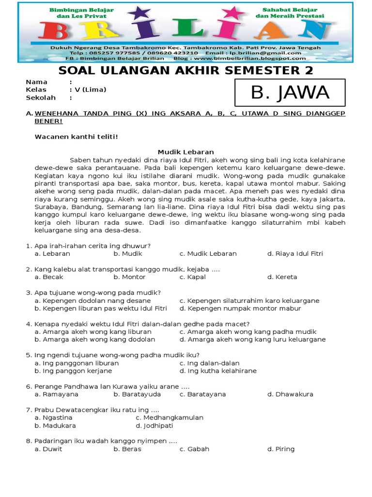 Akhirnya Tahu Contoh Soal UAS Bahasa Jawa Kelas 5 Semester 2 Terbaru yang Sering Muncul Ujian