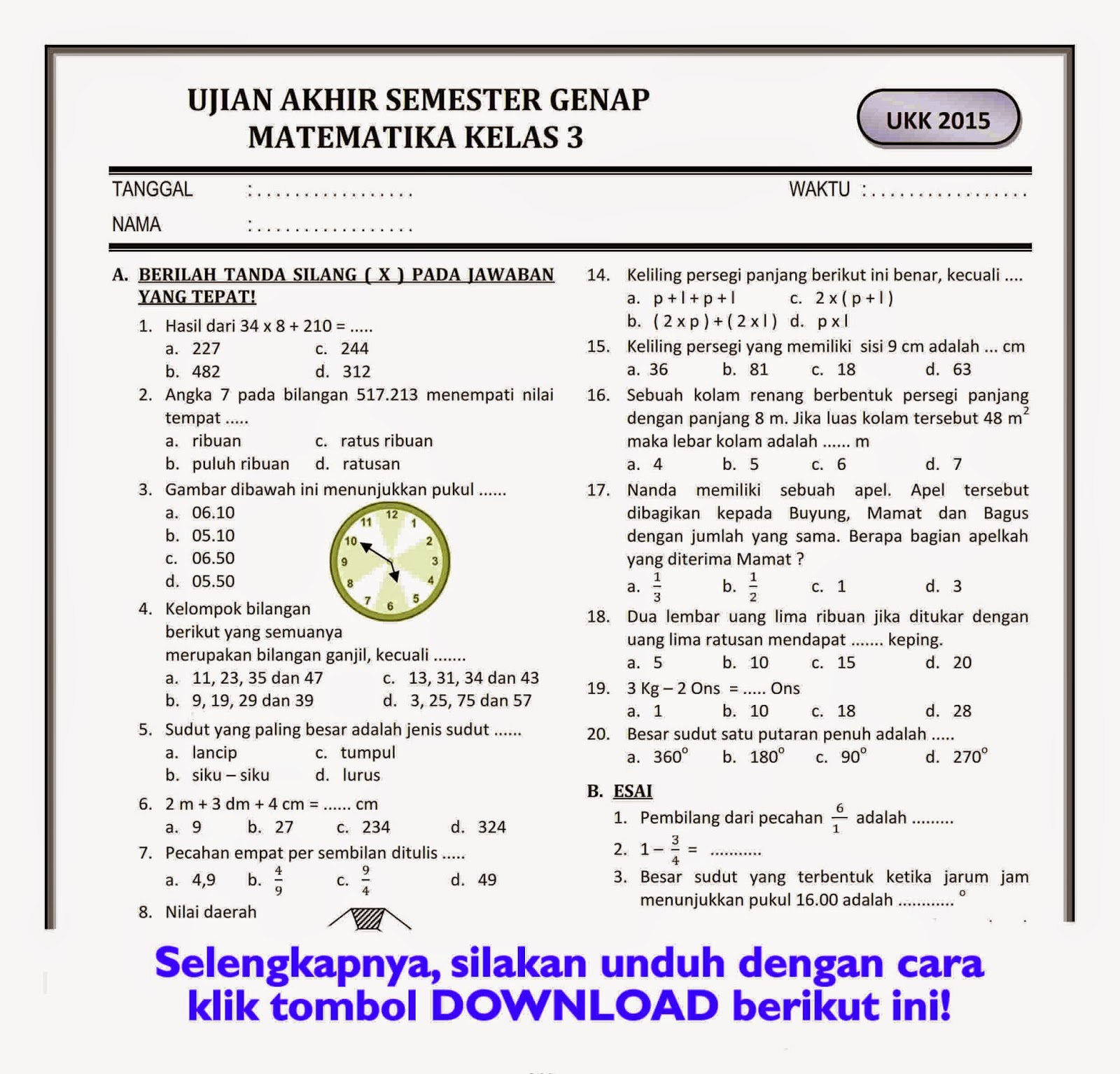 Contoh soal ukk matematika kelas 4 sd kurikulum 2013 STAIMMKML ac id