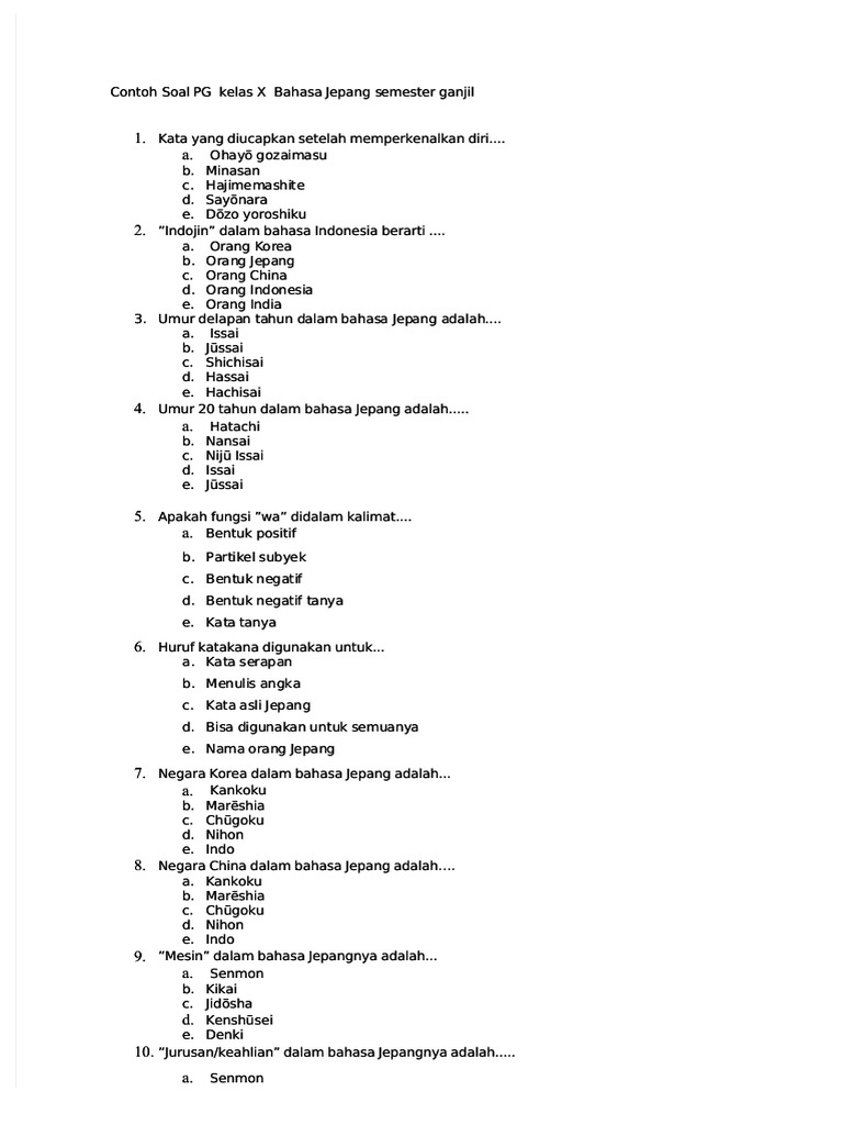 Contoh Soal UAS Bahasa Jepang Kelas 10 Semester 2 K13 yang Wajib Kamu Kuasai Agar Nilai Akhirnya Mengejutkan