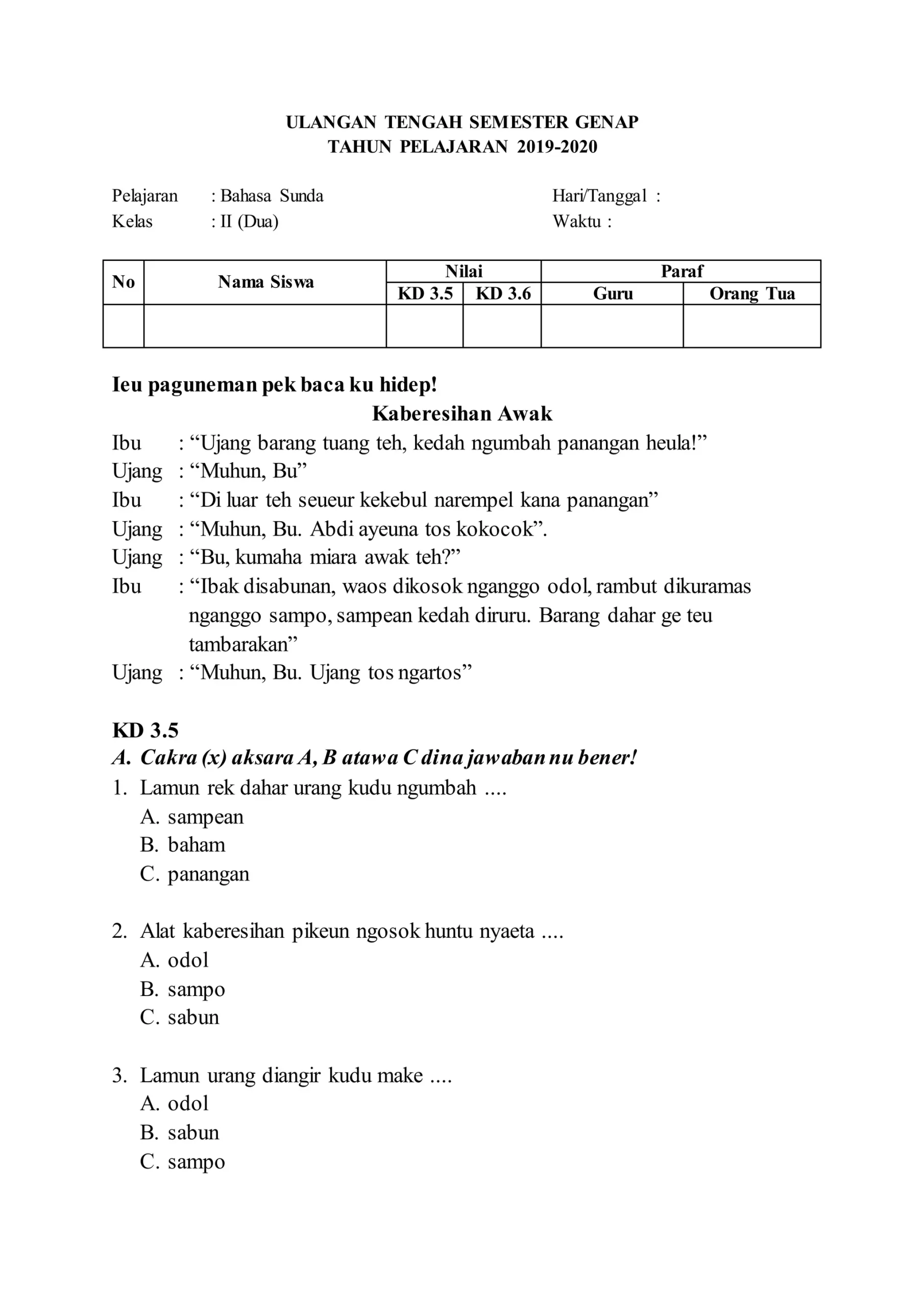 Soal bahasa sunda kelas 2 DOCX Soal bahasa sunda kelas 2 DOCX