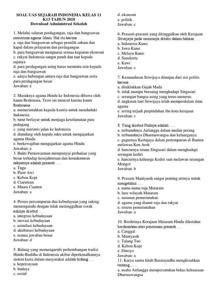 contoh soal uas sejarah indonesia kelas 11 semester 1