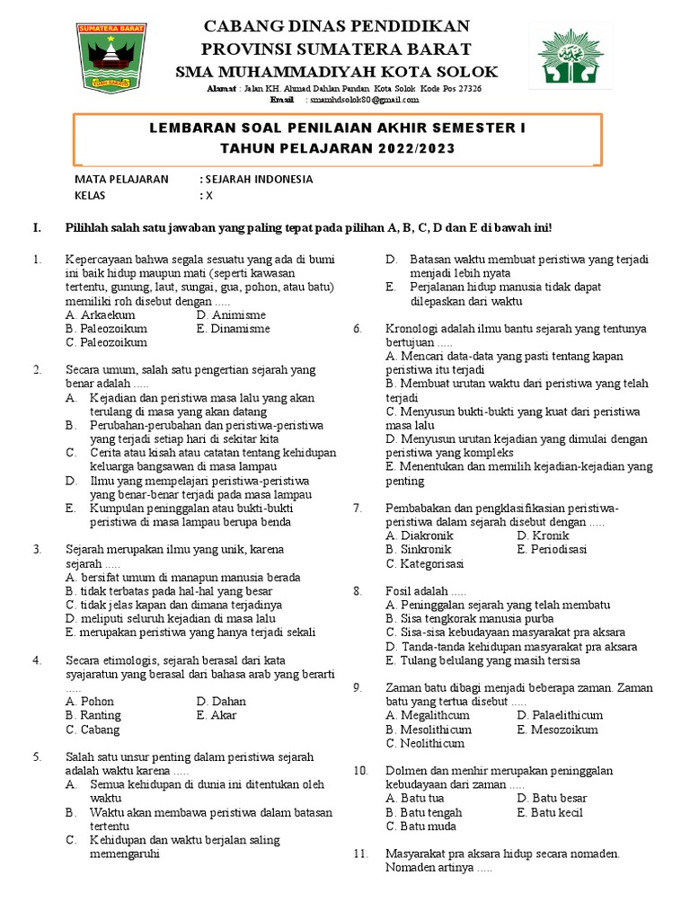 contoh soal uas sejarah kelas 10 semester 1