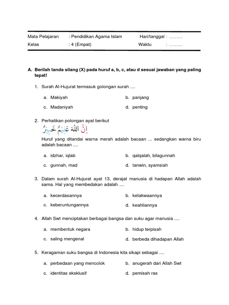 Rahasia Lulus Nilai Sempurna dengan Soal Soal UKK Kelas 4 Kurikulum 2013 Mapel Agama Islam